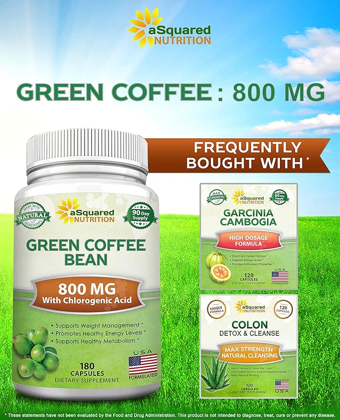 aSquared Nutrition Natural Green Coffee Bean Formula-180 Capsules-Max Strength GCA Antioxidant Cleanse for Pure Weight Loss, 800mg per Pill-Chlorogenic Acid-1600mg Daily Supplement, Healthy Fat Burner