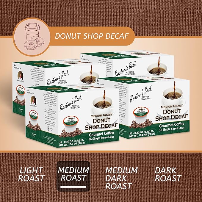 Boston’s Best - Hearty Donut Shop Decaf Medium Roast Coffee, Delicious Gourmet Compatible with Keurig Coffee Maker - 144 Count (Pack of 1)