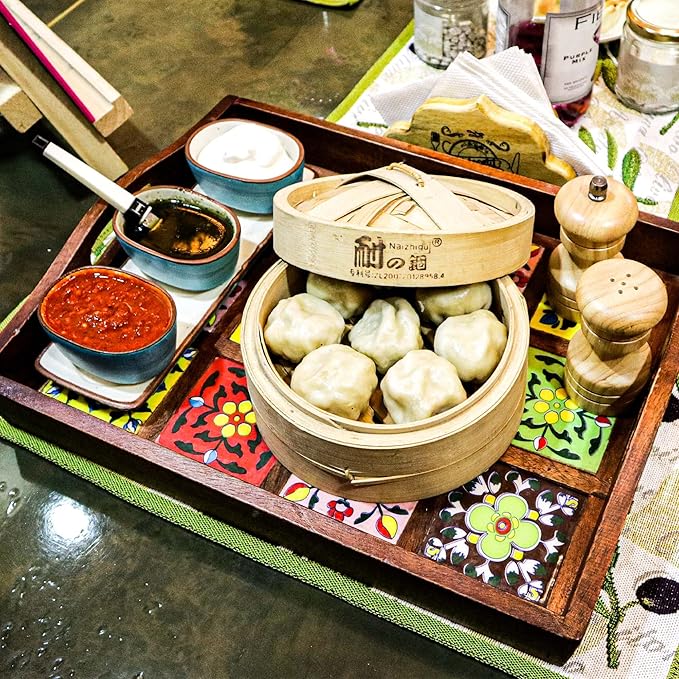 Craft Trade Mango Wood Serving Tray with Handle and 12 Fitted Floral Ceramic Tiles Wooden Platters Perfect for Breakfast Tea Coffee Snacks Dinner 38x30x8 cm Rectangle