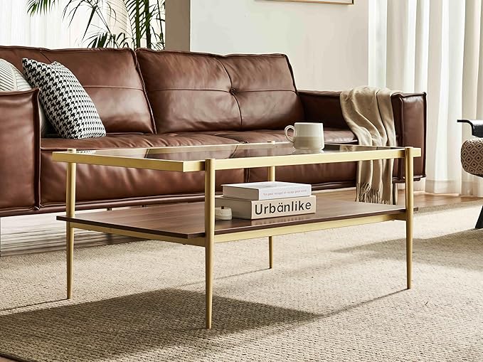 Shrine Rectangle Coffee Table, Mid-Century Modern Design, 2-Tier Structure, Clear Glass Top and Walnut MDF Shelf, 39.4" D x 21.6" W x 17.3" H, Sleek Conical Metal Legs with Gold Finish