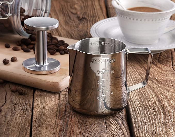New Star Foodservice 28829 Commercial Grade Stainless Steel 18/8 12-Ounce Frothing Pitcher and Die Cast Aluminum Tamper Combo Set, Silver