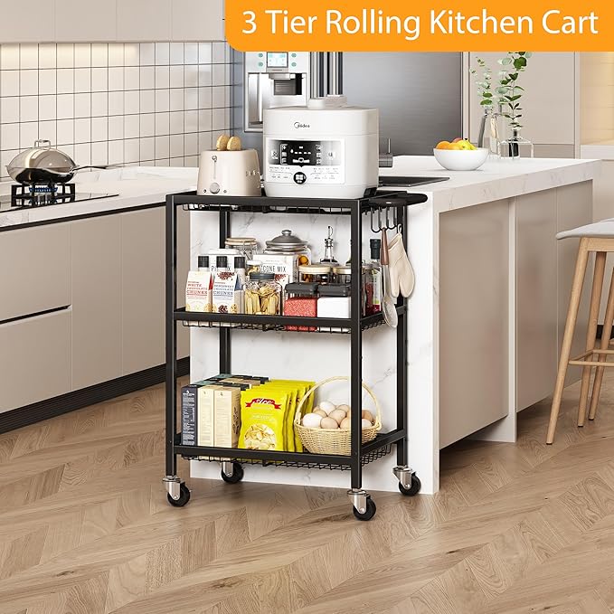 3-Tier Rolling Cart, Space-Saving Kitchen Cart with 150Lbs Capacity, Black Storage Cart with 2 Lockable Wheels for Kitchen Island, Restaurant, Garage, Backyard