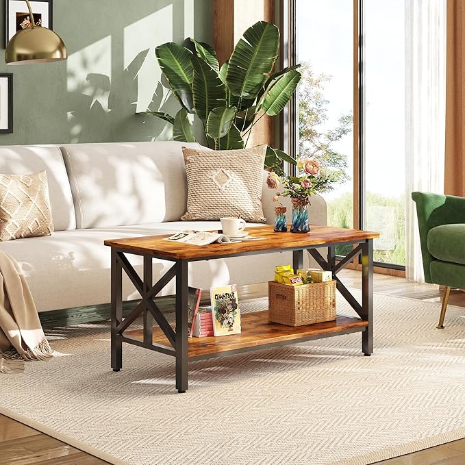 WLIVE Coffee Table for Living Room, 39" Modern 2-Tier Center Table with Round Corners, Storage Shelf, Farmhouse Style Small Coffee Table with Metal Frame, Rustic Brown