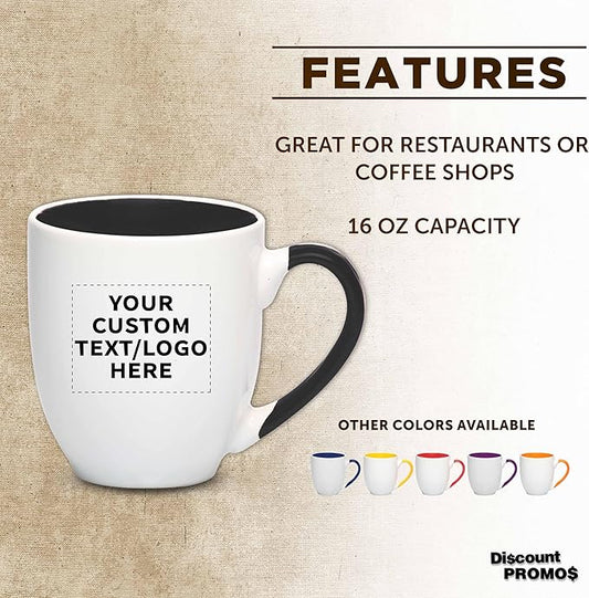 Custom Bistro Style Large Coffee Mugs 16 oz. Set of 10/50/100, Personalized Bulk Pack - Perfect for Coffee, Tea, Espresso, Hot Cocoa, Other Beverages - Black
