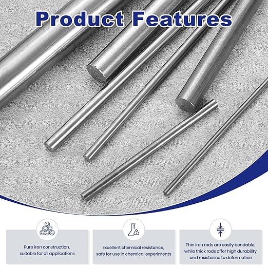 PATIKIL Pure Iron Bar, 0.47" Diameter 10" Length Iron String Rod Steel Stick DIY Craft Supplies for Crafting Science Lab Testing