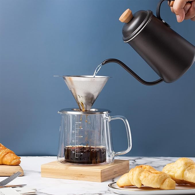 Brew To A Tea BTaT- Pour Over Coffee Maker Set, Double Wall Glass, 16 oz, Drip Coffee Maker Pour Over, Permanent Filter