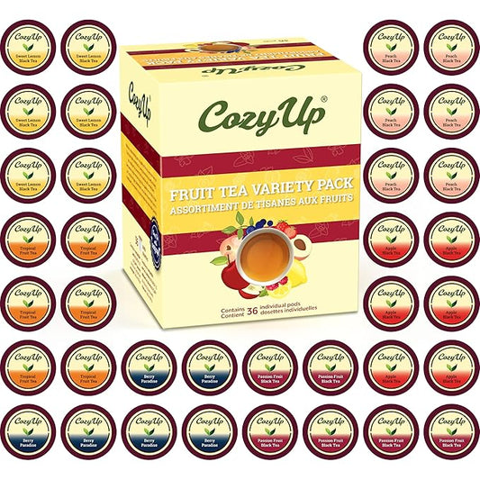 Cozy Up Iced Sweet Fruit Black Tea K-Cup Variety Pack, 36 Count, Guilt-Free Zero Calorie Sweetness - Compatible with Keurig - Lemon, Tropical, Berry, Passion Fruit, Apple & Peach - Single Serve Pods for Brew Over Ice
