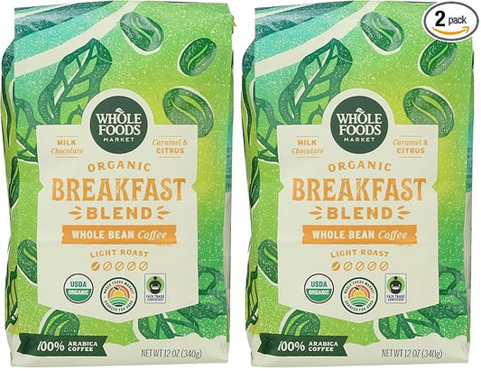 WHOLE FOODS MARKET Organic Whole Bean Breakfast Blend Coffee, 12 OZ (Pack of 2)