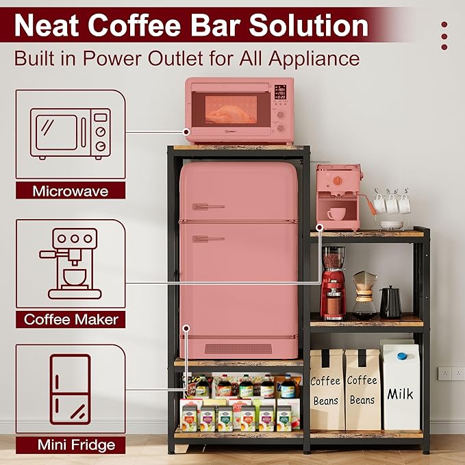 Mini Fridge Stand Coffee Bar Cabinet Station With Small Refrigerator Insert Storage Space, Shelf Organizer For Dorm Microwave To Sit On, Baker Rack for Office, Big Table To Go Over Hide Minifridge