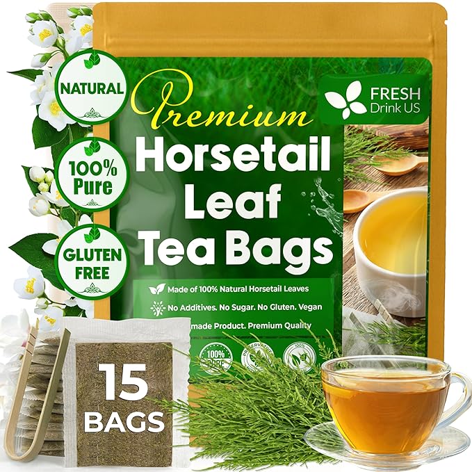 FreshDrinkUS, Premium 15 Horsetail Leaf Tea Bags, 100% Natural & Pure from Horsetail Loose Leaves Herbal Tea. Made with Natural Material Tea Bags. No Sugar, No Caffeine, No Gluten, Vegan.