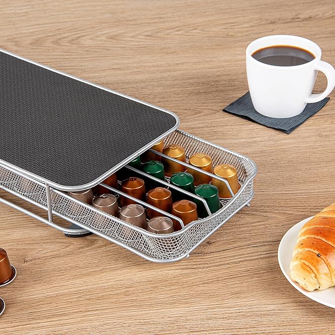 Restaurantware Restpresso 14.8 x 7.3 x 2.4 Inch Coffee Capsule Drawer 1 Heavy-Duty Pod Drawer - Holds 40 Nespresso Capsules Grip Top Iron Espresso Pod Organizer Mesh Tray Pods Not Included