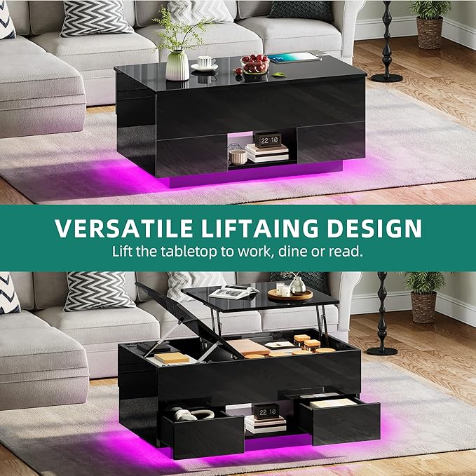 YITAHOME LED Lift Top Coffee Tables for Living Room with Power Outlets Charging Station, Modern Coffee Table with Storage 2 Drawers & Open Shelfs Rectangular Small Center Cocktail Table, Glossy Black