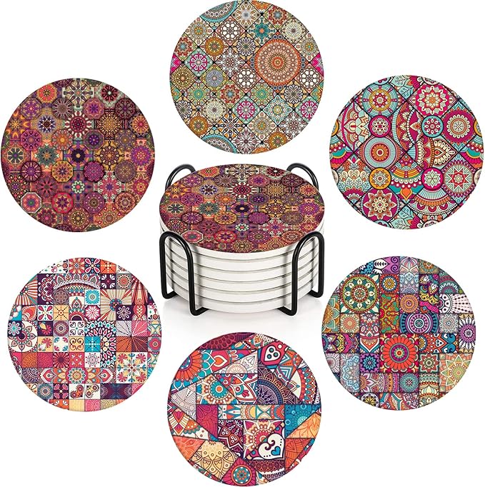 Britimes Coaster for Drinks Set of 6, Vintage Ottoman Flower Mexican Mandala Table Absorbent Round Ceramic Stone Mat, with Cork Base and Metal Holder, Gift for Housewarming Room Bar Decor