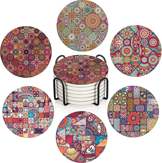 Britimes Coaster for Drinks Set of 6, Vintage Ottoman Flower Mexican Mandala Table Absorbent Round Ceramic Stone Mat, with Cork Base and Metal Holder, Gift for Housewarming Room Bar Decor