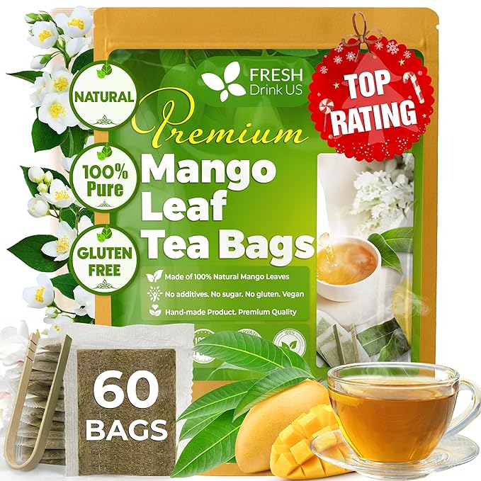 FreshDrinkUS, Premium 60 Mango Leaf Tea Bags, 100% Natural & Pure from Mango Leaves. Loose Leaf Herbal Tea. No Sugar, No Caffeine, No Gluten, Vegan.