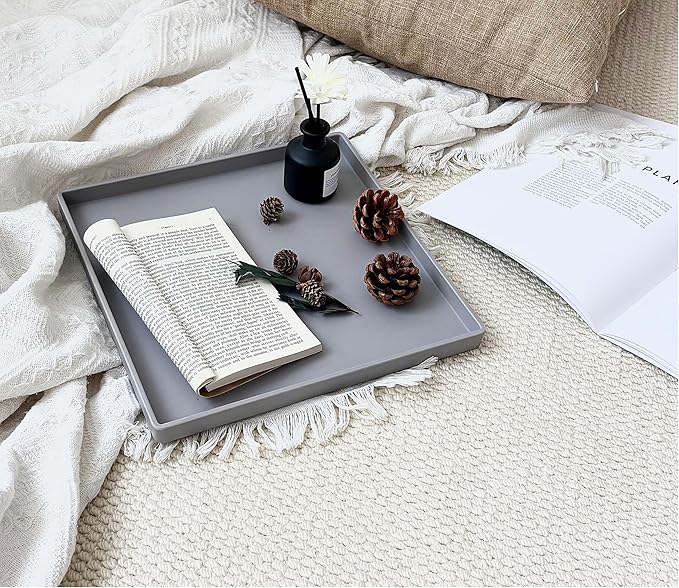 Gray Square Tray 11 Inch - 3 Pack Organization | Multi-Purpose Tray for Ottoman, Coffee Table, Dresser, Bathroom Countertop & Kitchen | Organizer for Makeup, Jewelry, Remote & Snacks