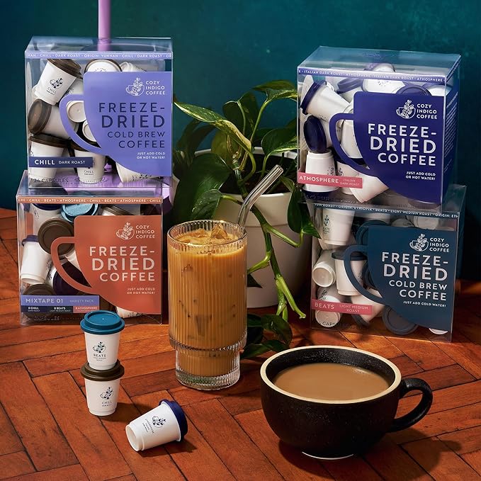 COZY INDIGO COFFEE - MIXTAPE 01 Instant Freeze Dried Specialty Coffee, 3 Flavor Variety Pack, Medium, Dark, Italian Roasts, 24 Capsules, 100% Arabica Beans, Enjoy Cold or Hot, Perfect for Travel and On The Go