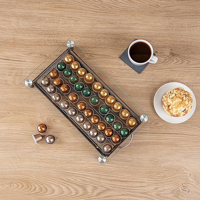 Restaurantware Restpresso 15.9 x 9.3 x 2.8 Inch Coffee Capsule Drawer 1 Heavy-Duty Pod Drawer - Holds 40 Nespresso Capsules Glass Top Iron Espresso Pod Organizer Mesh Tray Pods Not Included