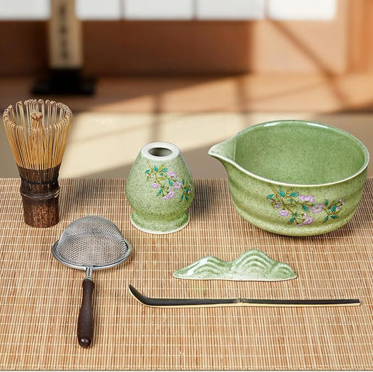 7-Piece Matcha Set with Ceramic Matcha Bowl, Bamboo Whisk (Chasen) & Holder, Sifter, Tea Scoop & Rest, Special Bamboo Tea Mat - Perfect Matcha Kit for Matcha Lovers & Gift Giving, Green