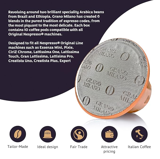 Grano Milano Lungo - 50 Espresso Pods Compatible with Nespresso Original line, 100% Arabica Medium Roast - Intensity 7/12, Coffee Capsules Made in Italy Espresso Coffee