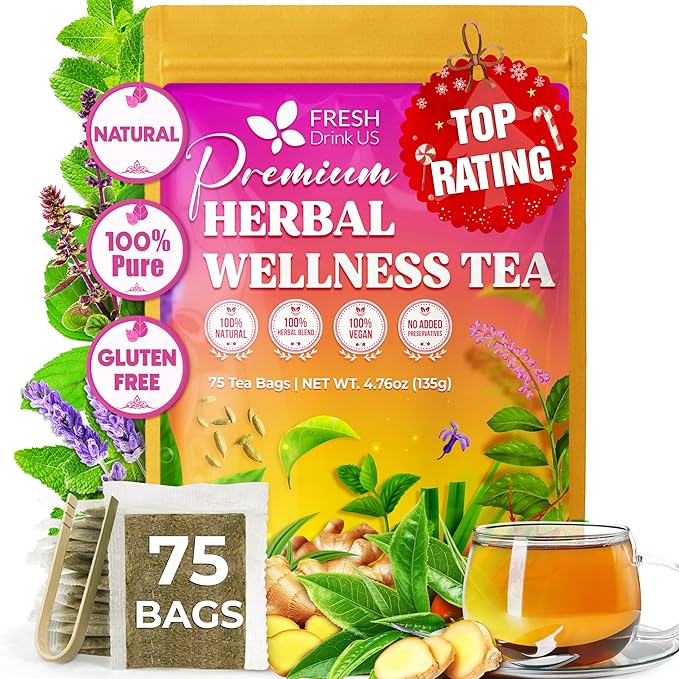 FreshDrinkUS, Premium Herbal Wellness Tea Bags | 75 Count | Blend of Sencha, Ginger, Fennel, Dandelion, Tulsi, Turmeric, Peppermint, Lavender, Lemongrass & Stevia – Herbal Tea. Vegan