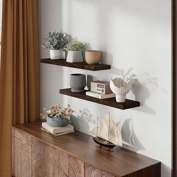 Fun Memories Wood Floating Shelves 36 Inch Long, Solid Elm Wood Wall Shelves Set of 2 for Kitchen, Living Room, Bedroom, Wall-Mounted Rustic Wooden Bathroom Shelf Storage Shelf for Farmhouse, Walnut