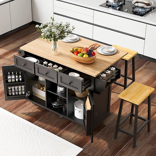 Yayzy Rolling Kitchen Island with 2 Bar Stools, Drop Leaf, Cabinet Door Storage Racks & 3 Drawers, Mobile Kitchen Cart with Rubberwood Top & Locking Wheels for Dining Room & Kitchen, 53-Inch, Black