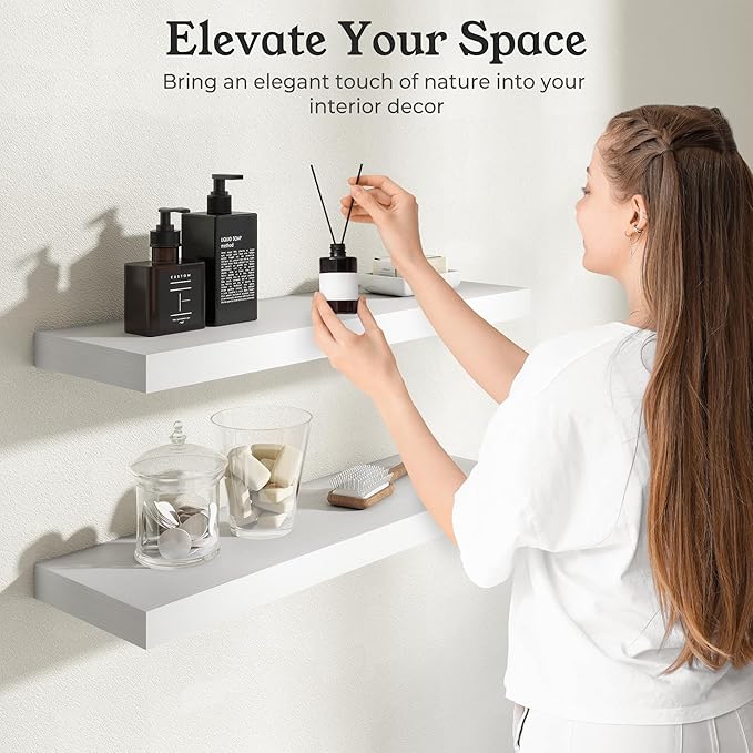 Floating Shelves for Wall, 9.3" Deep Wall Mounted Wood Shelves for Bathroom, Bedroom, Living Room, Kitchen, Hanging Shelf for Books/Storage/Room Decor (White 30")