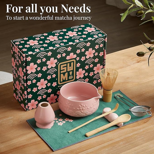 Matcha Whisk Set 9pcs – Matcha Tea Set with Ceramic Matcha Bowl, Bamboo Whisk (Chasen), Scoop, Sifter | Matcha Kit for Japanese Tea Ceremony & Beginners(Pink)