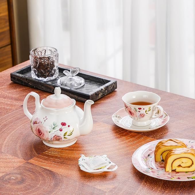27oz Floral Porcelain Teapot, Classic Ceramic Teapot for Loose Leaf Tea & Tea Bags, Elegant Small Teapot with Rose Pattern, Dishwasher Safe