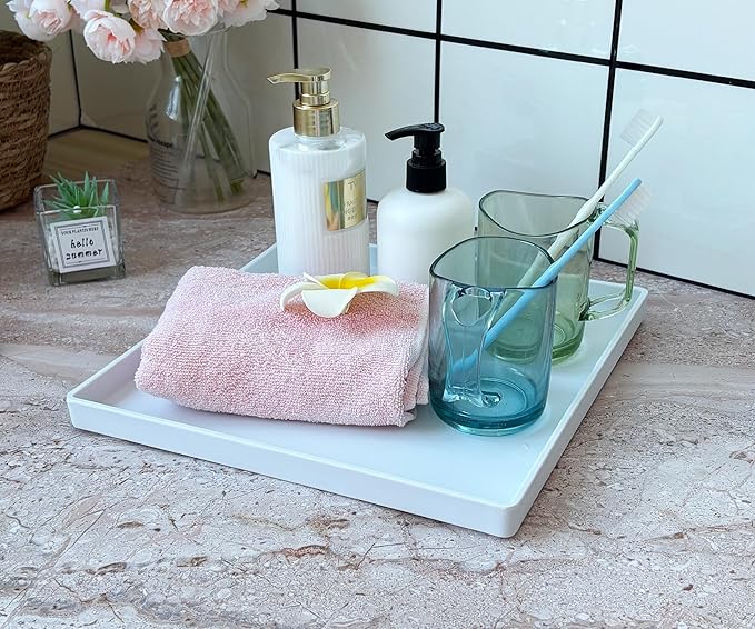 White Square Tray 11 Inch - 3 Pack Plastic Serving Tray, Multi-Purpose Decorative Tray for Bathroom Countertop, Dresser, Ottoman & Coffee Table, Vanity Tray for Jewelry & Makeup, White