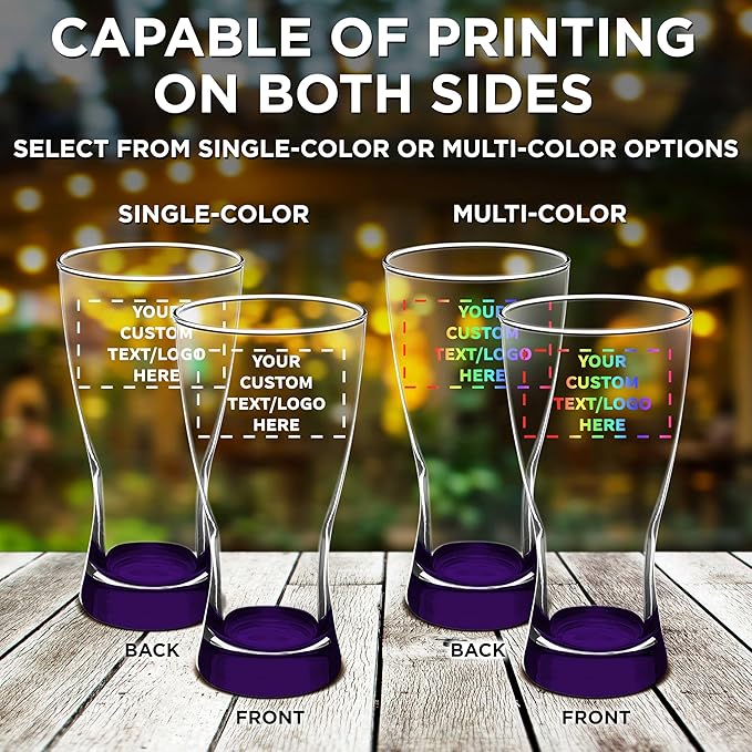 Custom Pilsner Glasses 13.25 oz. Set of 12, Personalized Bulk Pack - Made in the USA, Perfect for Hotels, Restaurants, Bars and Even Party Favors - Purple