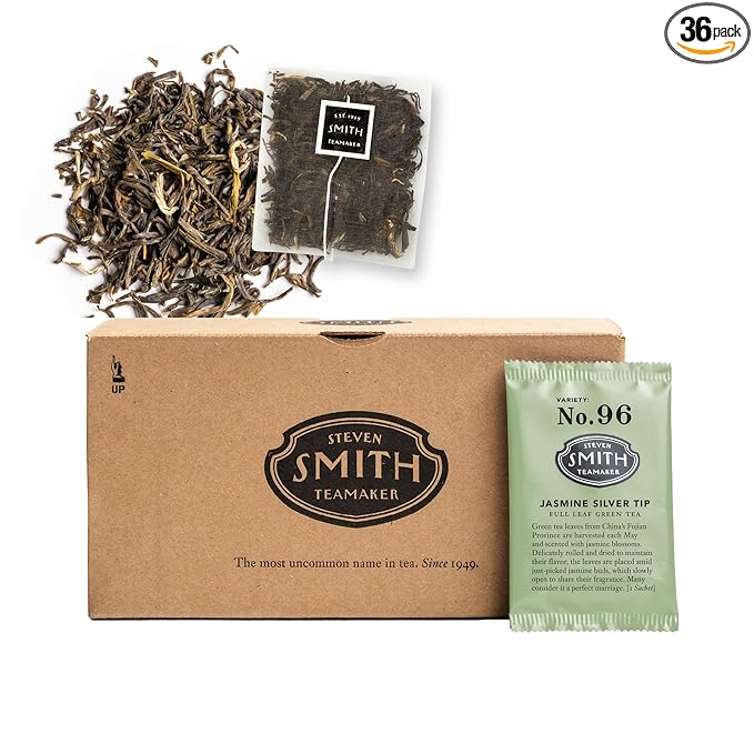 Steven Smith Teamaker Jasmine Silver Tip No. 96 Green Tea with Jasmine Blossoms, Caffeinated, Sugar-Free, Sustainably Grown, Full Leaf, Plant Based Green Tea Bags, 36 Sachets, 1.3oz each