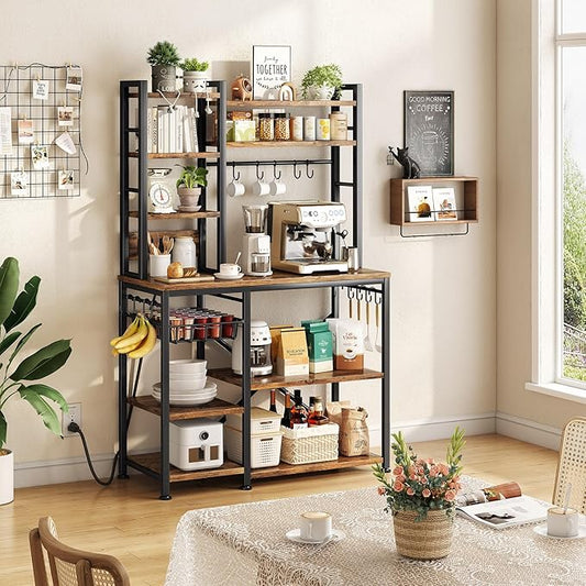 SNTD Baker Rack with Power Outlet - Microwave Stand with Storage, Large Coffee Bar Station with 14 Hooks, Metal Kitchen Shelf Rack for Spices, Pots (Rustic Brown) | with Power Outlet, with Storage, with 14 Hooks, for Spices, for Pots