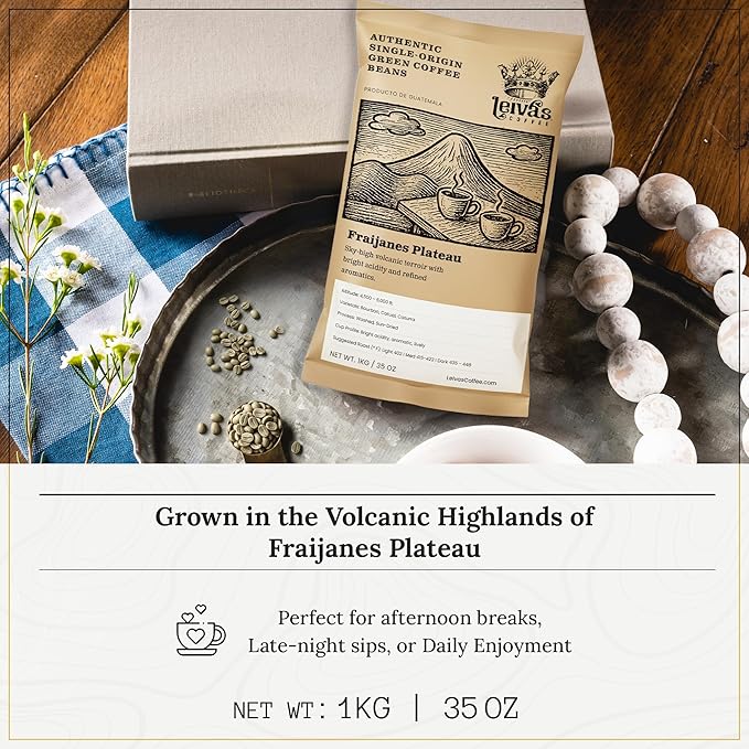 Leiva’s Unroasted Green Coffee Beans (1kg) – Fraijanes Plateau Single Origin Coffee w/Aromatic Notes – Washed, Shade Grown Organic Guatemala Beans – Bright Acid, Whole Bean Unroasted Blend
