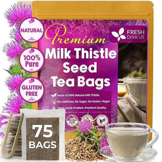 FreshDrinkUS, Premium 75 Milk Thistle Tea Bags, 100% Natural & Pure from Milk Thistle Seeds. Milk Thistle Seed Herbal Tea. Made with Natural Material Tea Bags. No Sugar, No Caffeine, No Gluten, Vegan.