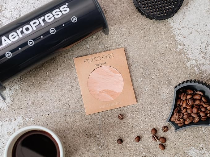 CAFE CONCETTO Filter for use in AeroPress Go/AeroPress Coffee Makers (Superfine) - Premium Replacement Disc - Reusable Metal, Titanium Coated Stainless Steel. Upgrade Your Mesh or Filter Papers