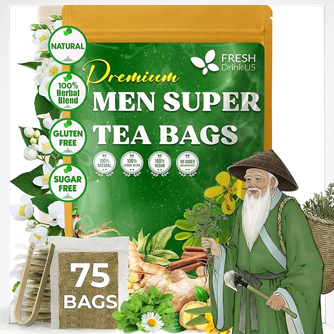 FreshDrinkUS, Premium 75 Tea Bags Men Super Tea – Herbal Blend with Senna, Dandelion Root, Ginger, Peppermint & More – 100% Natural, Sugar-Free. Caffeine-Free. Gluten-Free. Vegan