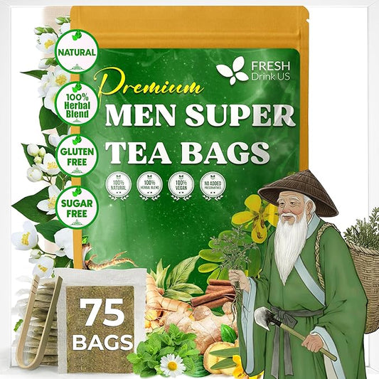 FreshDrinkUS, Premium 75 Tea Bags Men Super Tea – Herbal Blend with Senna, Dandelion Root, Ginger, Peppermint & More – 100% Natural, Sugar-Free. Caffeine-Free. Gluten-Free. Vegan