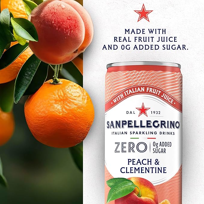Sanpellegrino Zero Grams Added Sugar Italian Sparkling Drinks, Sparkling Peach Clementine Beverage, 24 Pack of 11.15 Fl Oz Cans