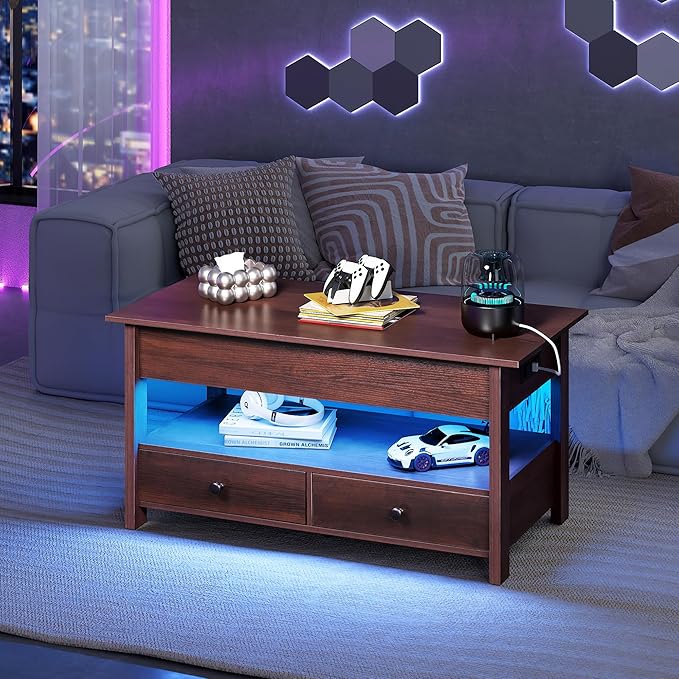 WLIVE Coffee Table, Lift Top Coffee Table with 2Drawers, LED Light, Large Storage and Open ShelfLift Tabletop for Living Room, Espresso