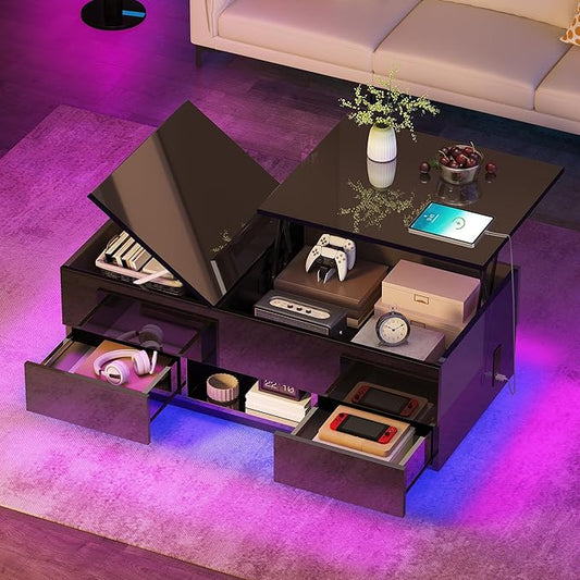 YITAHOME LED Lift Top Coffee Tables for Living Room with Power Outlets Charging Station, Modern Coffee Table with Storage 2 Drawers & Open Shelfs Rectangular Small Center Cocktail Table, Glossy Black