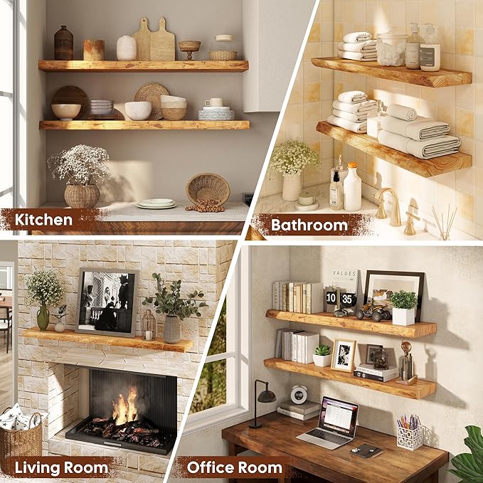 48" Rustic Elm Floating Shelves - Solid Wood Live Edge with Invisible Brackets, Wall Mounted Shelf for Living Room, Kitchen & Bathroom Decor, Natural