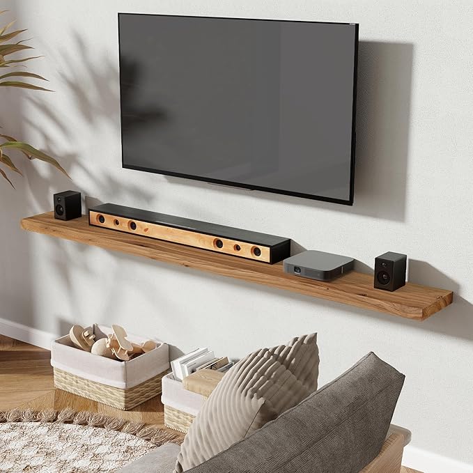 72 Inch Floating Shelves for Wall 1 Pack Shelves for Bedroom, Bathroom, Kitchen, Wall Mounted Rustic Solid Elm Wood Floating Shelf with Invisible Bracket for Books, Decor, Storage, Natural