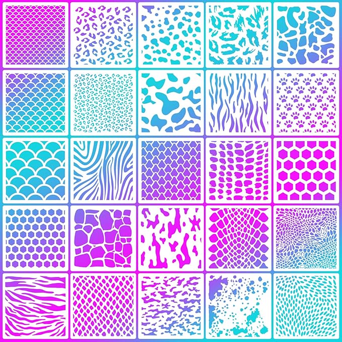 25 Pcs Cookie Stencils for Royal Icing Animal Skin Print Baking Stencil, Reusable Leopard Cheetah Cow Snake Skin Template Stencil for Cake Baking DIY Craft Painting, 6 x 6 Inch