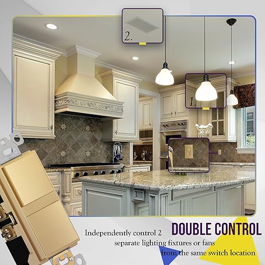 ENERLITES Elite Series Double Decorator Switch with Screwless Wall Plate, Combination Paddle Switch, Ground Terminal, Single Pole, Residential Grade, 15A 120V-277V, 62834-GDWP, Gold with Wall Plate