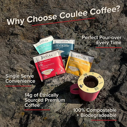 Coulée EcoPour Doc's Blend Coffee, All Paper Single Serve Pour Over Arabic Coffee, Dark Roast, Use for Camping or Traveling, Pre Filled Compostable Filters, Ready to Brew with Hot Water, Plastic Free, 10 Pack