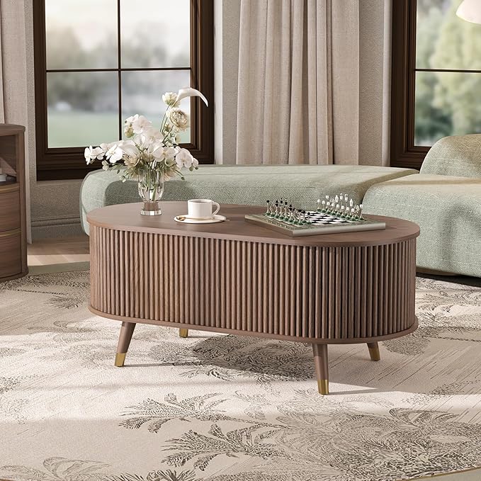 42.5" Oval Lift Top Coffee Table with Storage, Mid Century Modern Walnut Center Table with Fluted Design, Solid Wood Legs & Hidden Compartment, Pop Up Cocktail Table for Living Room