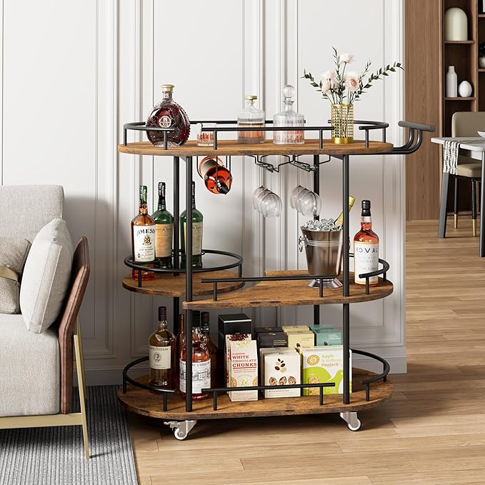 GarveeHome Black Bar Carts with 4-Tiers Storage Shelves，Mobile Bar Seving Carts On Wheels with Wine Rack and Glass Holder for Kitchen, Dining Room, Living Room-Black+Retro Brown