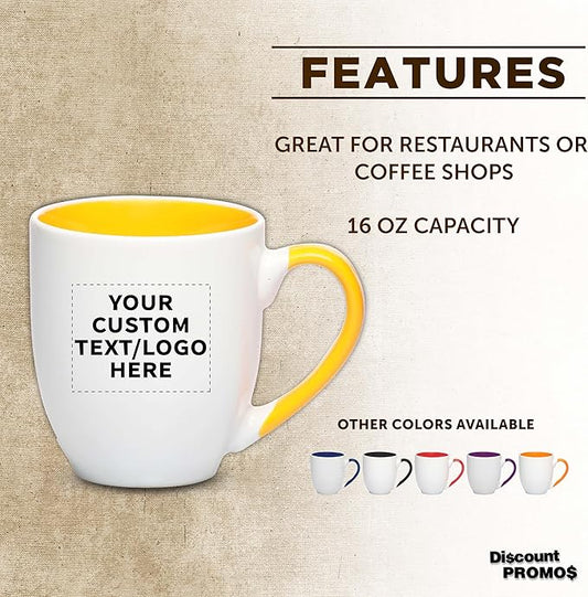 Custom Bistro Style Large Coffee Mugs 16 oz. Set of 10/50/100, Personalized Bulk Pack - Perfect for Coffee, Tea, Espresso, Hot Cocoa, Other Beverages - Yellow